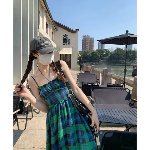 Midi Dress Women Plaid Teal French High Waist Slip Preppy Elegant Casual Spring Summer Fashion Dress