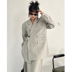Striped Pant Suit Women 2-Piece Long Sleeve Oversized Business Blazer Casual Office Fashion