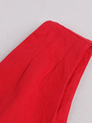 Midi Dress Women Red Pleated Solid Vintage Wrap V-Neck Belted Elegant Retro Party Spring Summer
