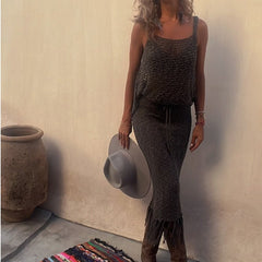Knitted Camisole & Tasseled Skirt Set Women 2-Piece Casual Elegant Chic Fashion Outfit