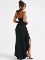 Maxi Dress Women Deep V-Neck Thigh High Split Halter Sleeveless Backless Bodycon Clubwear Party Dress