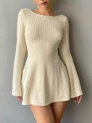 Mini Dress Women Backless Chic Long Sleeve Knit Slim Elegant Casual Autumn Winter Fashion Dress