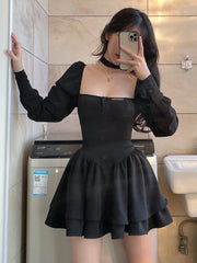 Vintage Lolita 3-Piece Skirt Set Long-Sleeve Square Neck Plain Peplum Slim Fit Blouse + Elastic Waist Mini A-Line Skirt + Choker