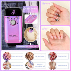 Portable nail drill with before and after effects on nails, shown on a purple background.