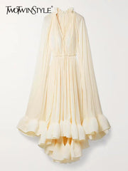 Maxi Dress Women V-Neck Cloak Sleeve High Waist Ruffle Irregular Hem Elegant Casual Summer Dress