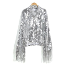 Sequin Glitter Coat Women Retro Long Sleeve Reflective Tassel Chic Casual Outerwear Fashion