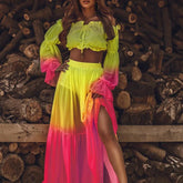 Chic Sexy Off Shoulder Ruffle Skirt Set Blouse & Long Skirt w/ Slit Vintage Colorful Print Two Piece Set Elegant Outfit