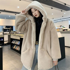 Faux Fur Hooded Coat Women Warm Thick Fleece Zipper Pockets Winter Casual Outerwear Fashion