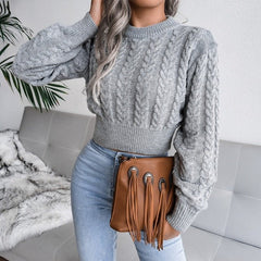 Twist Knitted Crop Sweater Women Warm Pullover Casual Cozy Winter Ladies Fashion Top