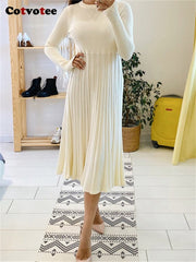 Long Sleeve Knit A-Line Midi Dress Women Loose Patchwork O-Neck Casual Elegant Fashion Dress