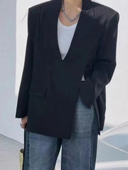 Blazer Women V-Neck Long Sleeve Solid Color Medium Length Pocket Split Elegant Office Suit Jacket