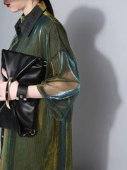Blouse Women Green Shiny Lapel Three-Quarter Sleeve Loose Fit Long Shirt Casual Spring Summer Fashion