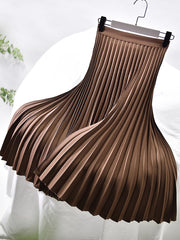 High Waist Pleated Midi Skirt Women Elegant Solid Chiffon Lined Chic Spring Autumn Winter Fashion