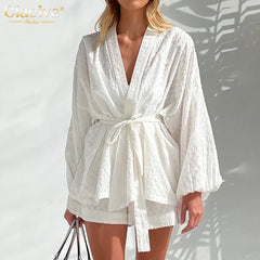 Long Sleeve Top & Shorts Set Women Elegant 2-Piece Casual White Home Suit Fashion Outfit