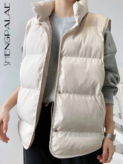 Puffer Vest Women Stand-Up Collar Single Breasted Solid Cotton Filled Warm Winter Fashion Top