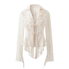 Fairycore Lace-Up Blouse Women Long Sleeve Turn-Down Collar Casual Elegant Fashion Top