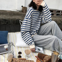 Oversized Striped Sweater Women Vintage Loose Casual Cozy Everyday Winter Fashion Sweatshirt Top