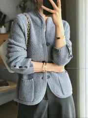 Cashmere Cardigan Women Knitted Premium Wool Long Sleeve Half High Collar Solid Elegant Fashion Top
