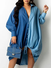 Plus Size Denim Shirt Dress Women Drawstring Patchwork Button Down Long Sleeve Casual Fashion