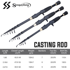 Three fishing casting rods with technical specifications on a white background, featuring the brand 'Sougayilang'.