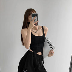 Tank Top Women Fishbone Thread Square Neck Irregular Hook Bottom Sleeveless Boutique Fashion Casual Top