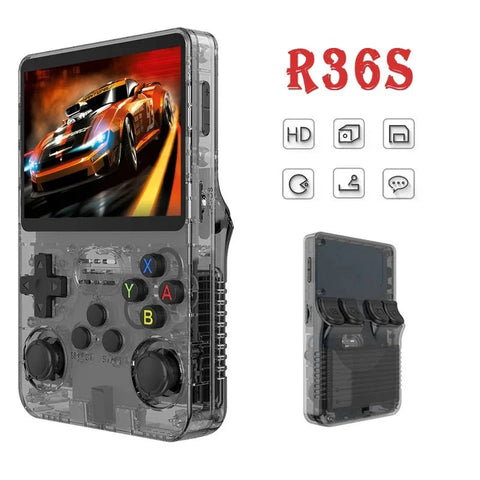 Handheld gaming console with transparent casing displaying a racing game, brand 'R36S' visible.