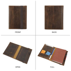Brown leather notebook with front, back, open, and full views on a white background