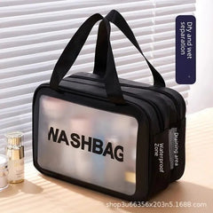 Black wash bag with transparent front panel displaying 'NASHBAG' on a light background.