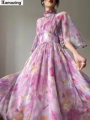Maxi Dress Women Elegant Slim Print Stand Collar Half Sleeve High Waist Ruched A-Line Long Fashion