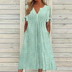 Lace Ruched Hollow Out Midi Dress Women Pleated Short Sleeve V-Neck Button Elegant Summer Fashion