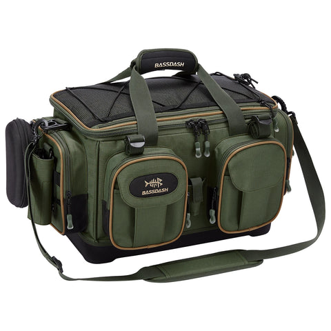 Green and black fishing bag with multiple compartments on a white background