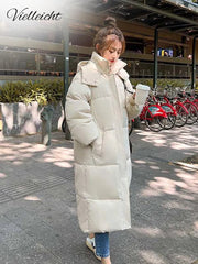 Quilted Winter Coat Women Extra-Long Hooded Thick Warm Padded Loose Casual Outerwear Fashion