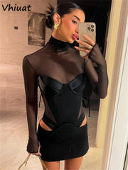 Satin Mini Dress Sheer Mesh Long Sleeve High Neck Bodycon Sexy Party Club Night Out Women