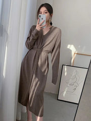 Knit Midi Dress Women Vintage V-Neck Bodycon Elegant Button Office Casual Fashion Dress