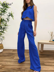 Women's 2 Piece Summer Cotton/Poly Long Pants Set Crop Top & Wide Leg Pant