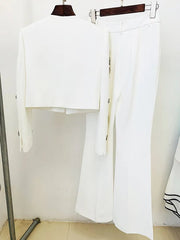 Pant Suit Women Bead Pearl Rhinestone Embellished Cropped Jacket Flare Slit Pants Elegant Chic Set