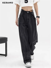 Women's Baggy Long Jeans Black Wide Leg Trousers Streetwear Vintage High Waist Denim Pants Big Pocket