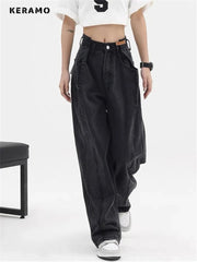High Waist Wide Leg Jeans Women Black Baggy Vintage Streetwear Big Pocket Denim Trousers Fashion
