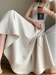 Midi Dress Women Vintage Sleeveless Casual A-Line Elegant Chic Party Fashion Dress