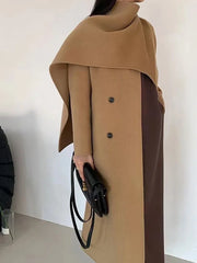 Women's Long Wool Coat with Shawl Scarf Collar Double-Breasted Solid Color Double-Sided Wool Belt Coat
