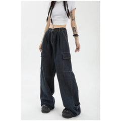 Jeans Women Vintage Blue High Waist Straight Baggy Wide Leg High Street Fashion Denim Trousers