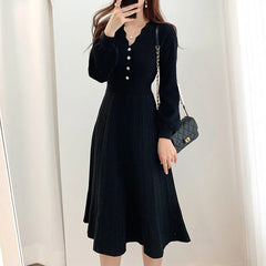 Women's Vintage Pleated Dress Long Sleeve Sweater Dresses Elegant Midi Knit Party Dress