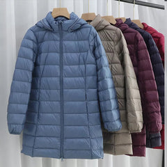 Down Puffer Jacket Women Plus Size Detachable Hood White Duck Down Light Thin Long Warm