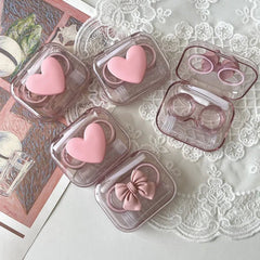 Contact Lens Case Pink Transparent Heart Bow Portable Beauty Storage Eye Care Container Girl Gift