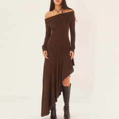 Backless Knit Midi Dress Women Stretchy Slash Neck Draped Ruffle Irregular Party Fashion Dress