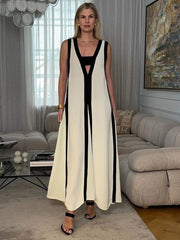 Maxi Dress Women Elegant Patchwork Loose Deep V-Neck Sleeveless Casual Summer Party Dress