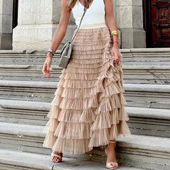 Maxi Skirt Women Elegant Elastic High Waist Multi-Layered Mesh Lace Loose Tiered Party Fashion Skirt