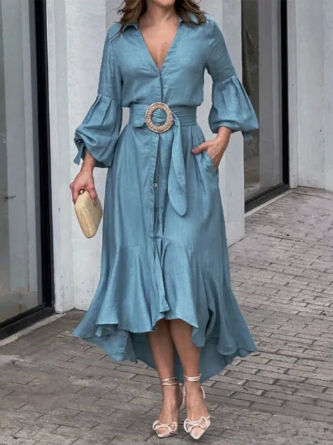 Long Lantern Sleeve Midi Dress Women Vintage Belt Irregular Hem Elegant Casual Fashion Dress