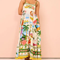 Maxi Dress Women Spaghetti Strap Printed Backless Sleeveless Drawstring Elegant Holiday Casual Vacation