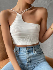 Y2K Asymmetric Neck Crop Top Women Sleeveless Backless Cami High Street Casual Summer Fashion